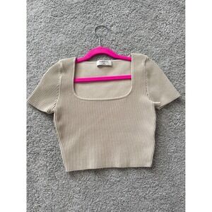 Babaton Sculpt Knit Squareneck T-Shirt Beige Tan Ribbed Crop Top XS